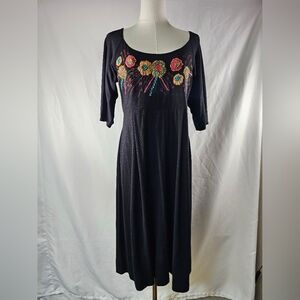 Caite Floral Embroidered 3/4 Sleeve Midi Dress Large Black Boho